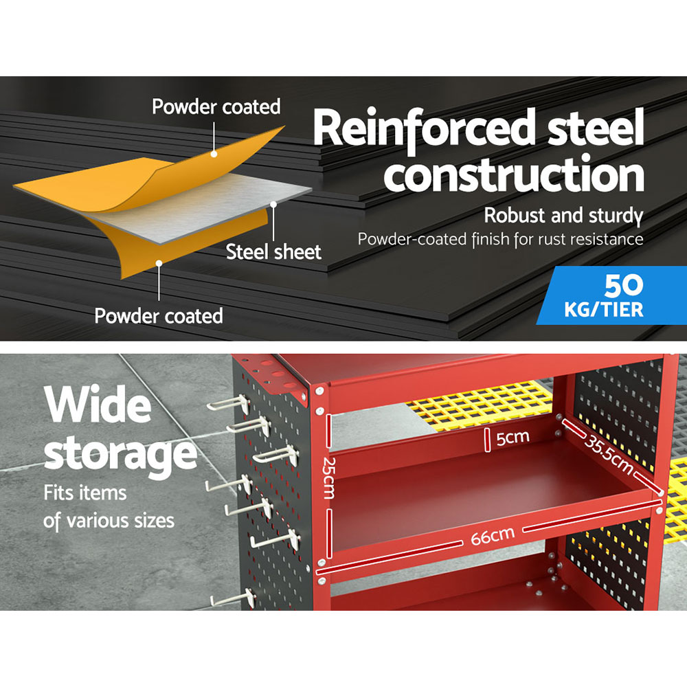 Giantz 3Tier Tool Cart Storage Trolley Garage Pegboard Hooks